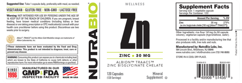 Zinc Chelate (30mg) - Premium Supplement Capsules from NutraBio - Just $12.99! Shop now at Nutrition Central